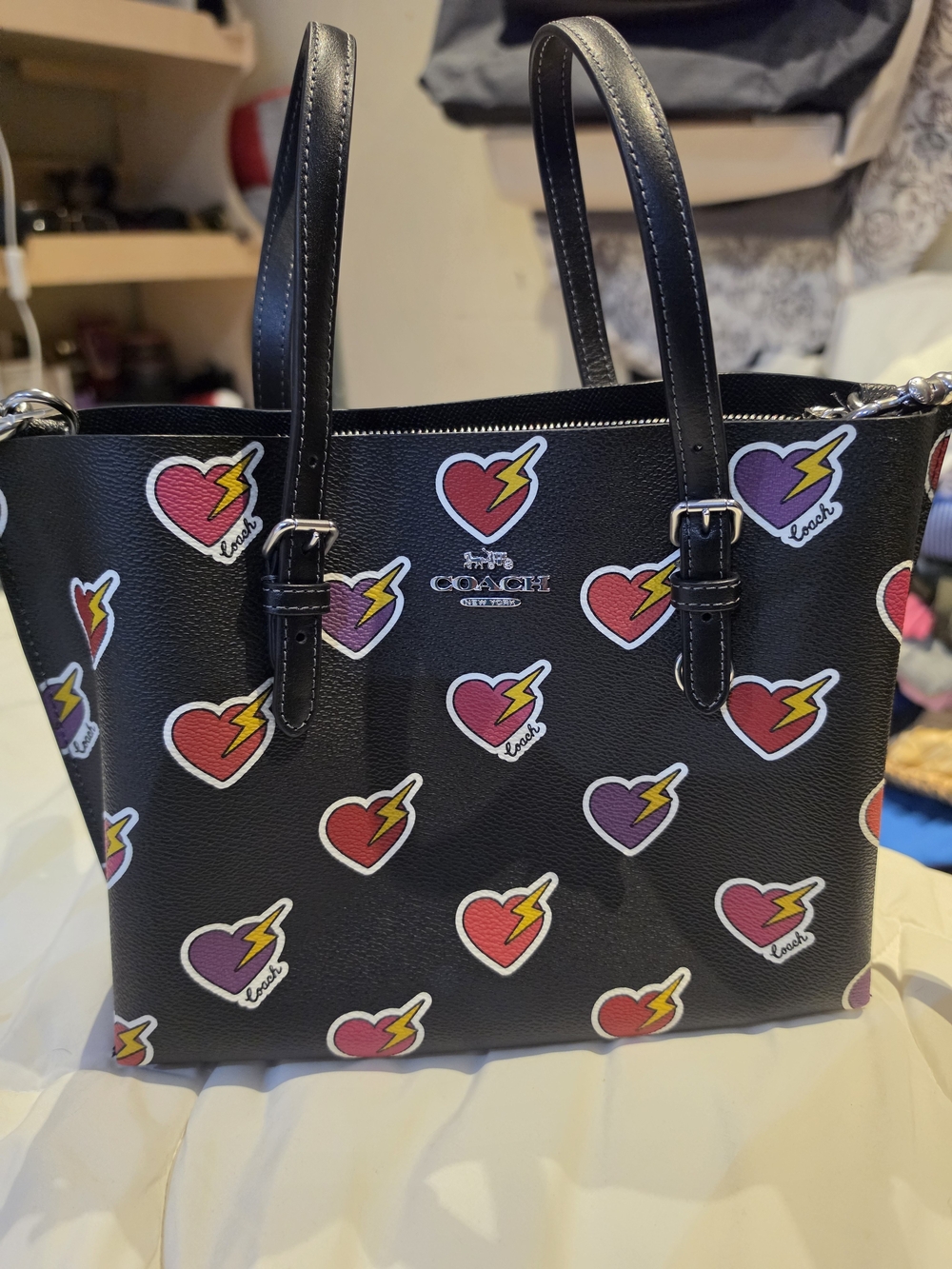 Coach Black Leather Tote with Heart & Lightning Print
